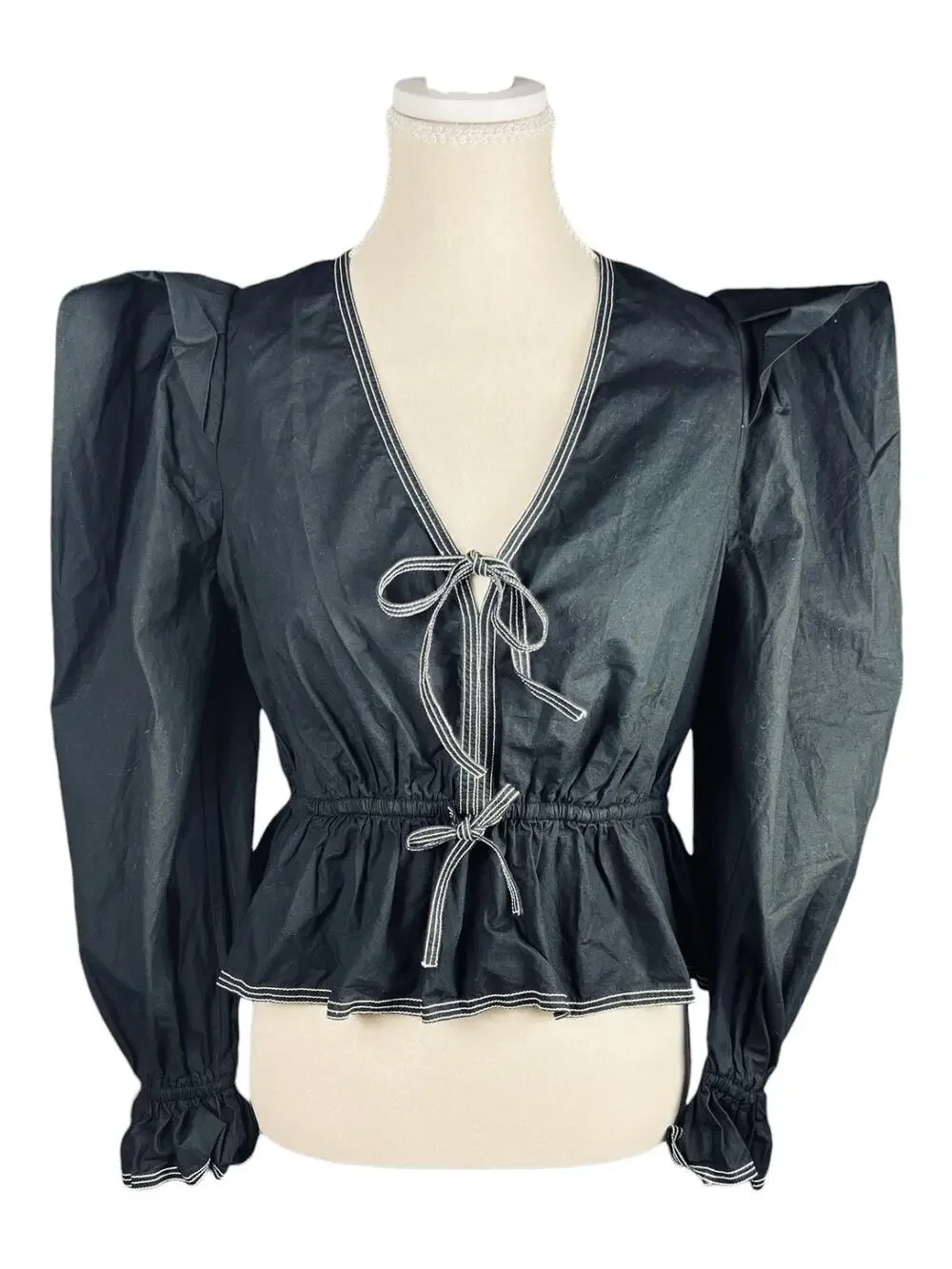 Ulla Johnson Sabina Noir Cotton Peplum Blouse Puff Sleeve V Neck Tie Front Top 2